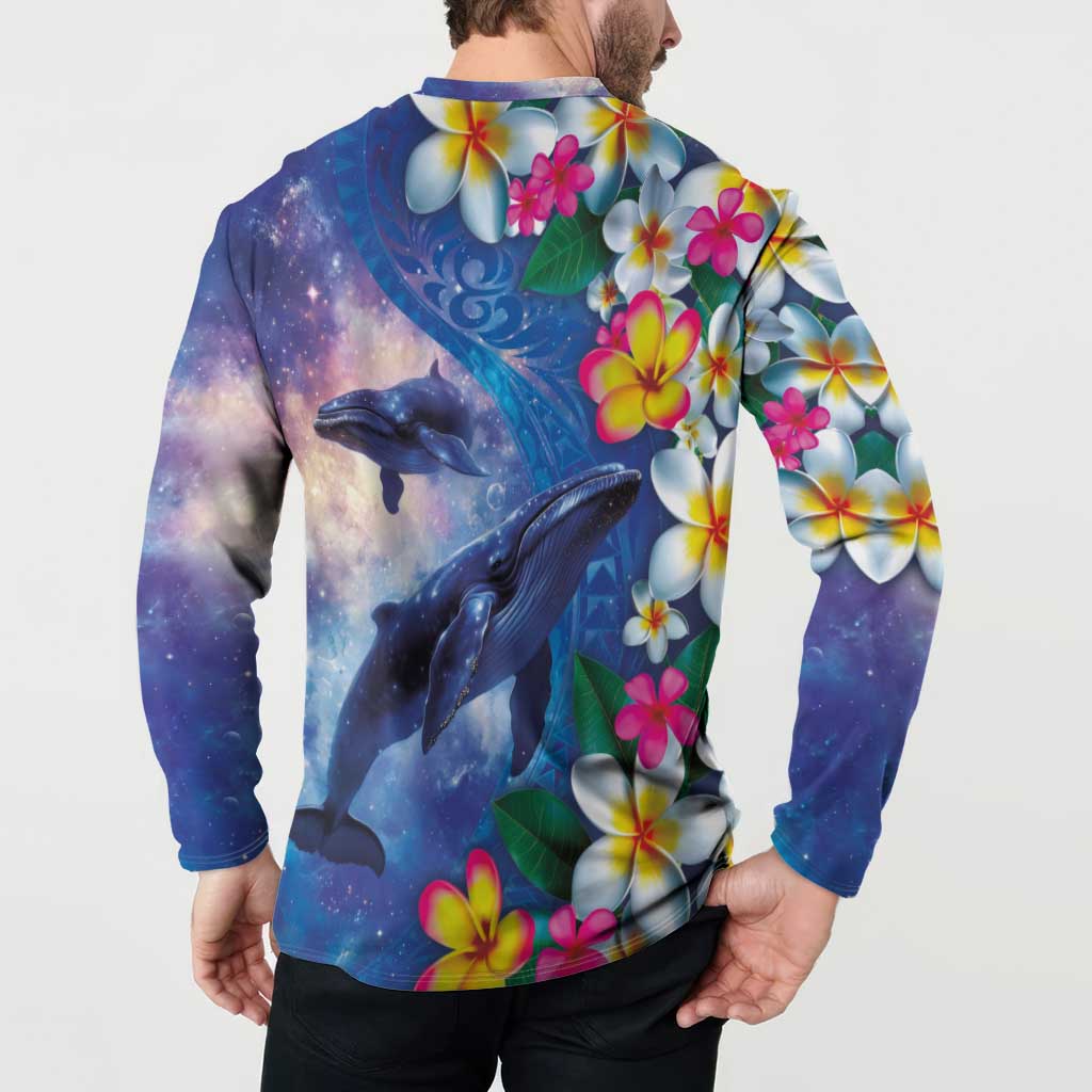 Hawaiian Lei Day Plumeria Humpback Whales Button Sweatshirt Polynesian Art Vibrant Starry Nebula Style LT03 - Polynesian Pride