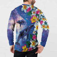 Hawaiian Lei Day Plumeria Humpback Whales Button Sweatshirt Polynesian Art Vibrant Starry Nebula Style LT03 - Polynesian Pride