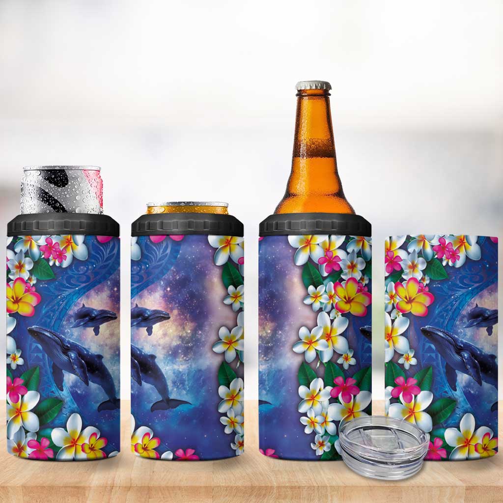 Hawaiian Lei Day Plumeria Humpback Whales 4 in 1 Can Cooler Tumbler Polynesian Art Vibrant Starry Nebula Style