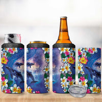 Hawaiian Lei Day Plumeria Humpback Whales 4 in 1 Can Cooler Tumbler Polynesian Art Vibrant Starry Nebula Style