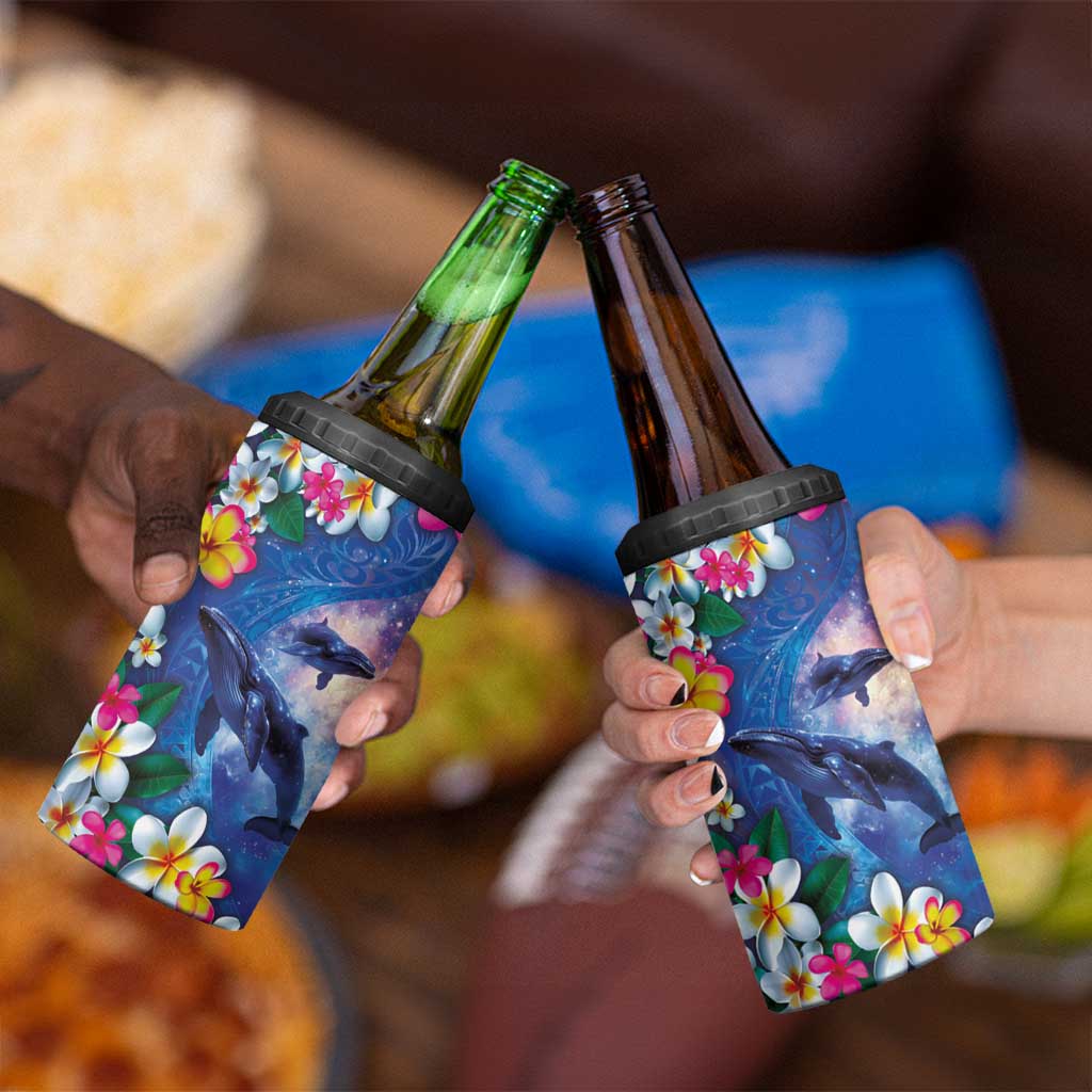 Hawaiian Lei Day Plumeria Humpback Whales 4 in 1 Can Cooler Tumbler Polynesian Art Vibrant Starry Nebula Style