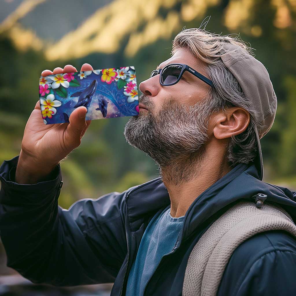 Hawaiian Lei Day Plumeria Humpback Whales 4 in 1 Can Cooler Tumbler Polynesian Art Vibrant Starry Nebula Style