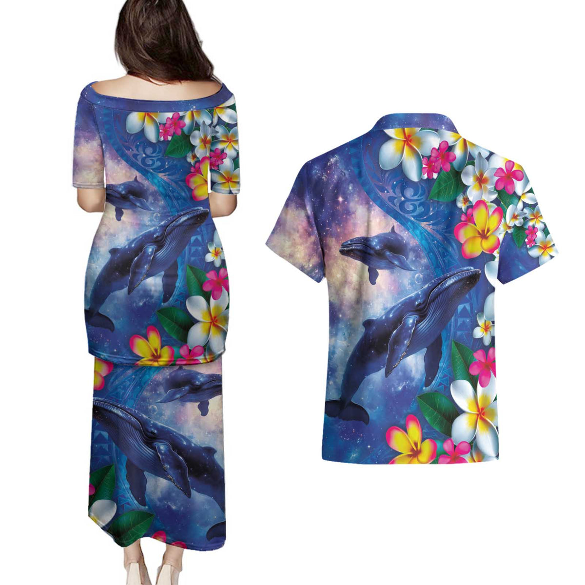 Hawaiian Lei Day Plumeria Humpback Whales Couples Matching Puletasi and Hawaiian Shirt Polynesian Art Vibrant Starry Nebula Style