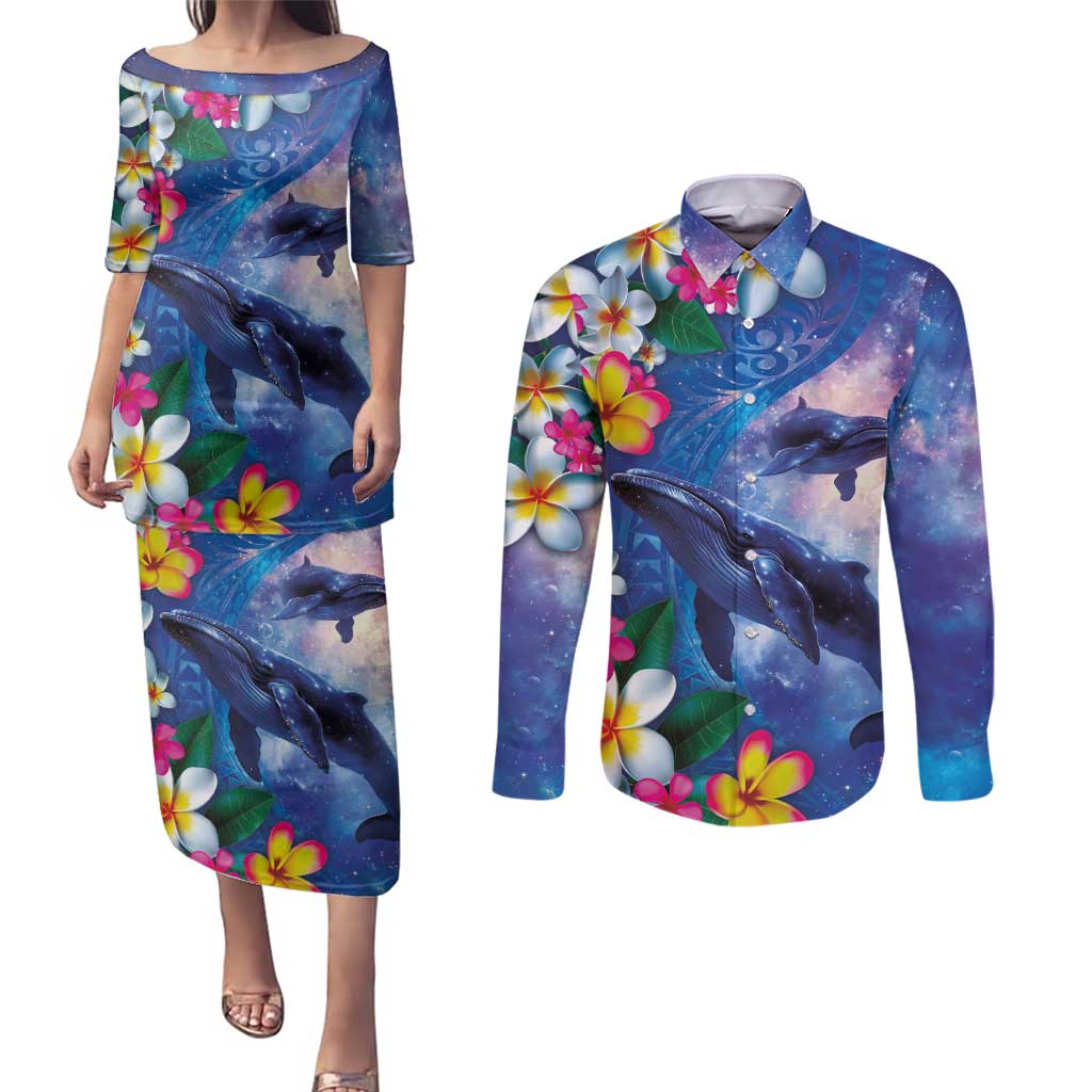 Hawaiian Lei Day Plumeria Humpback Whales Couples Matching Puletasi and Long Sleeve Button Shirt Polynesian Art Vibrant Starry Nebula Style LT03 Art - Polynesian Pride