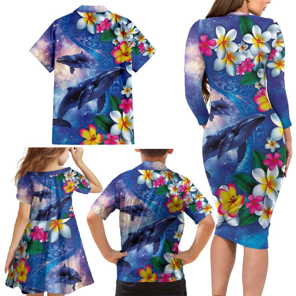 Hawaiian Lei Day Plumeria Humpback Whales Family Matching Long Sleeve Bodycon Dress and Hawaiian Shirt Polynesian Art Vibrant Starry Nebula Style
