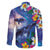 Hawaiian Lei Day Plumeria Humpback Whales Family Matching Off The Shoulder Long Sleeve Dress and Hawaiian Shirt Polynesian Art Vibrant Starry Nebula Style