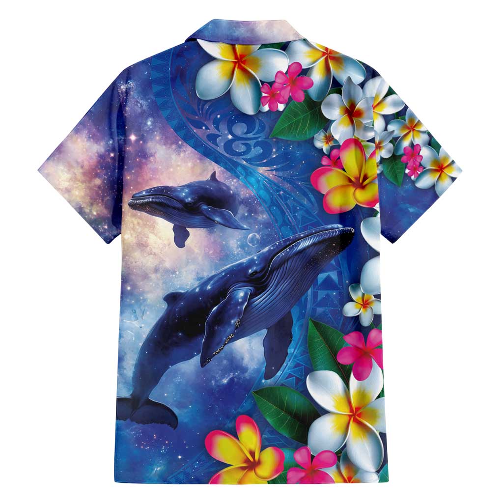 Hawaiian Lei Day Plumeria Humpback Whales Family Matching Off Shoulder Short Dress and Hawaiian Shirt Polynesian Art Vibrant Starry Nebula Style