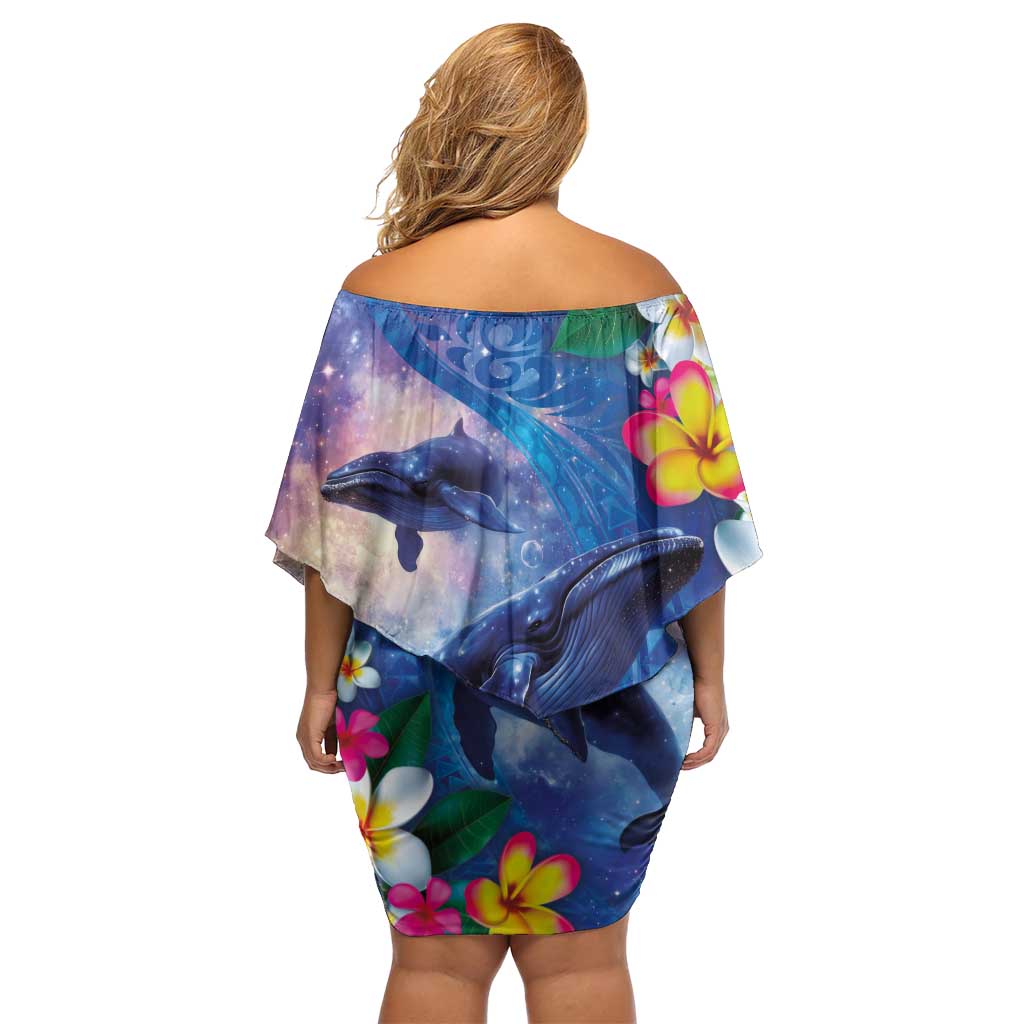 Hawaiian Lei Day Plumeria Humpback Whales Family Matching Off Shoulder Short Dress and Hawaiian Shirt Polynesian Art Vibrant Starry Nebula Style