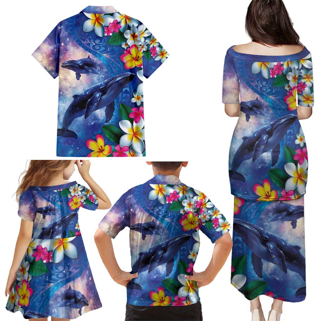 Hawaiian Lei Day Plumeria Humpback Whales Family Matching Puletasi and Hawaiian Shirt Polynesian Art Vibrant Starry Nebula Style