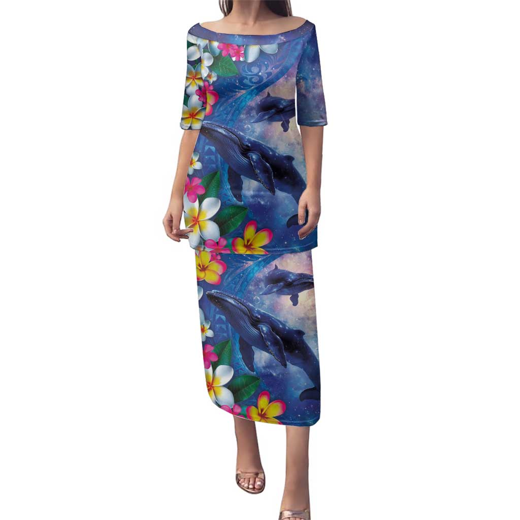 Hawaiian Lei Day Plumeria Humpback Whales Family Matching Puletasi and Hawaiian Shirt Polynesian Art Vibrant Starry Nebula Style