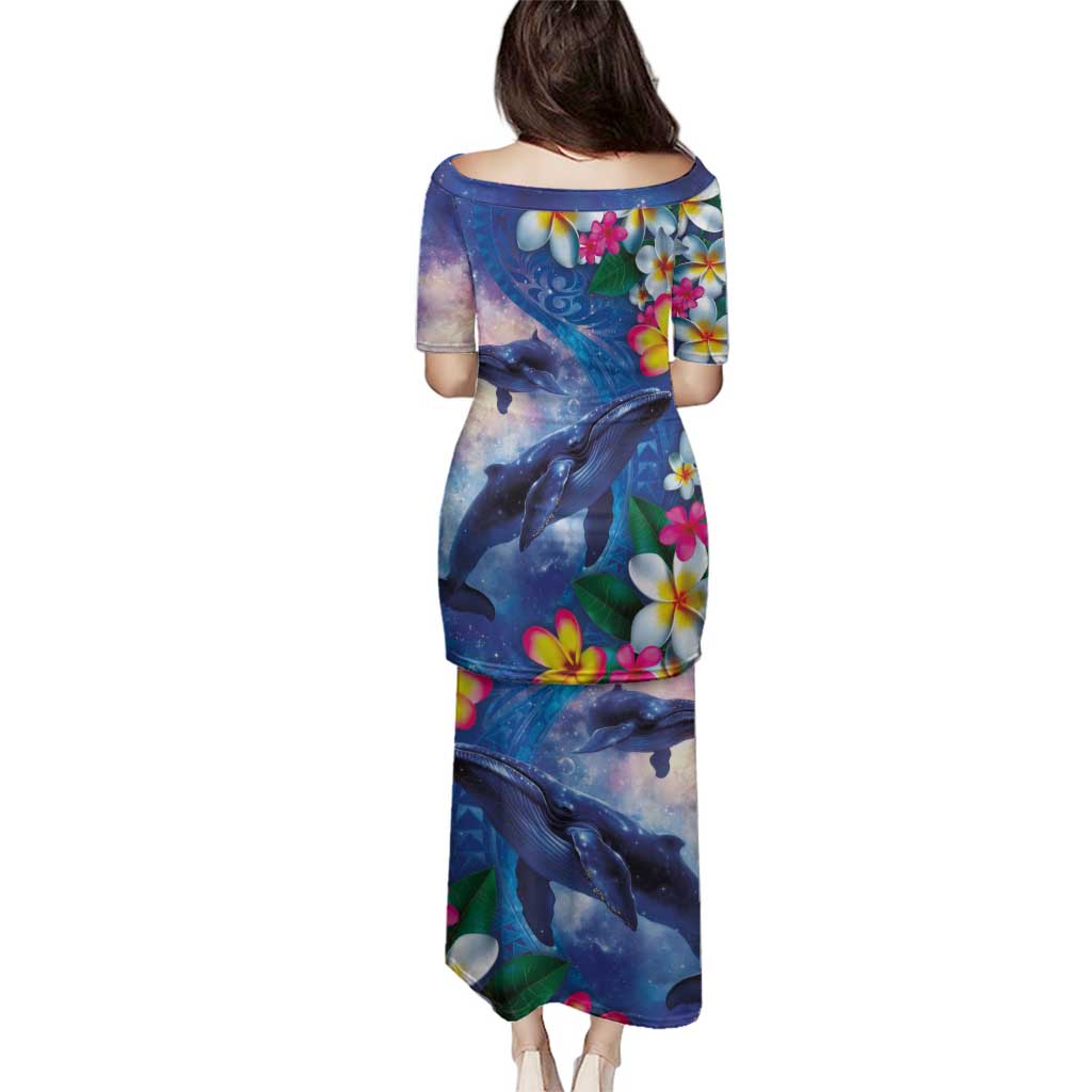 Hawaiian Lei Day Plumeria Humpback Whales Family Matching Puletasi and Hawaiian Shirt Polynesian Art Vibrant Starry Nebula Style