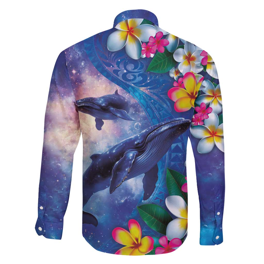 Hawaiian Lei Day Plumeria Humpback Whales Family Matching Short Sleeve Bodycon Dress and Hawaiian Shirt Polynesian Art Vibrant Starry Nebula Style