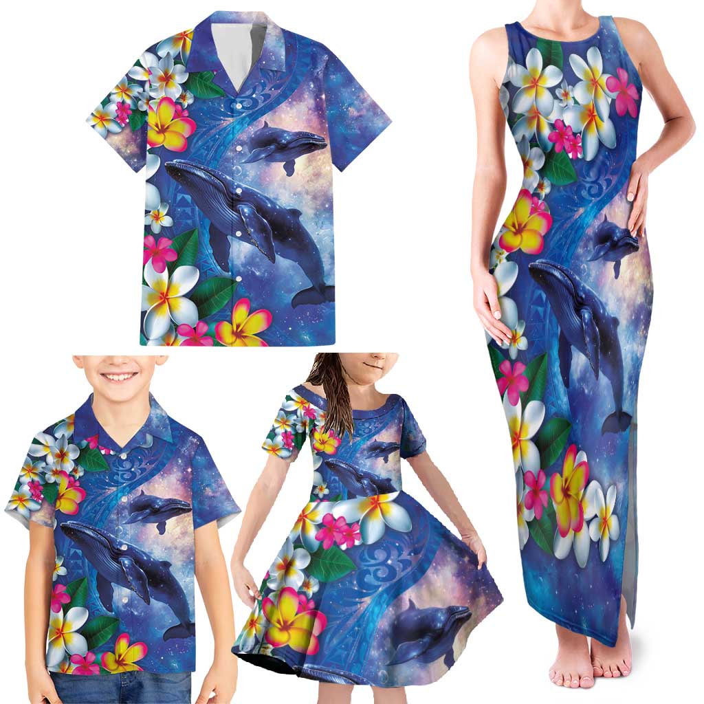 Hawaiian Lei Day Plumeria Humpback Whales Family Matching Tank Maxi Dress and Hawaiian Shirt Polynesian Art Vibrant Starry Nebula Style