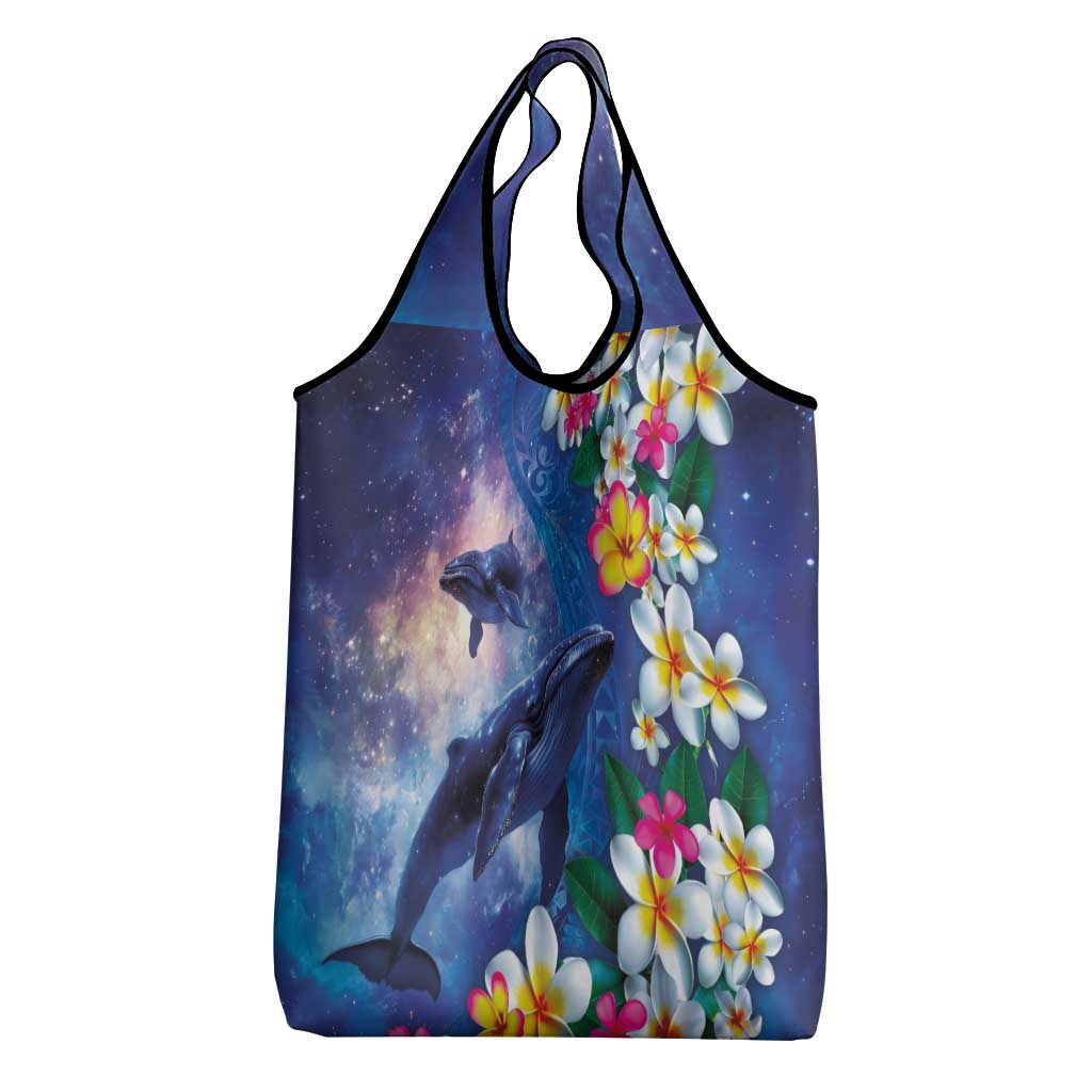 Hawaiian Lei Day Plumeria Humpback Whales Grocery Bag Polynesian Art Vibrant Starry Nebula Style