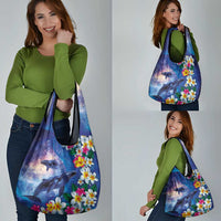 Hawaiian Lei Day Plumeria Humpback Whales Grocery Bag Polynesian Art Vibrant Starry Nebula Style