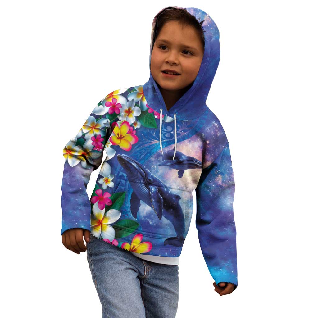 Hawaiian Lei Day Plumeria Humpback Whales Kid Hoodie Polynesian Art Vibrant Starry Nebula Style