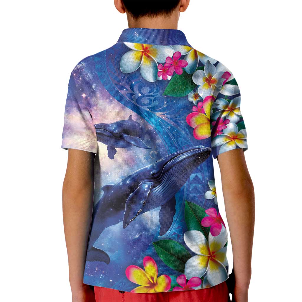 Hawaiian Lei Day Plumeria Humpback Whales Kid Polo Shirt Polynesian Art Vibrant Starry Nebula Style