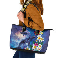 Hawaiian Lei Day Plumeria Humpback Whales Leather Tote Bag Polynesian Art Vibrant Starry Nebula Style