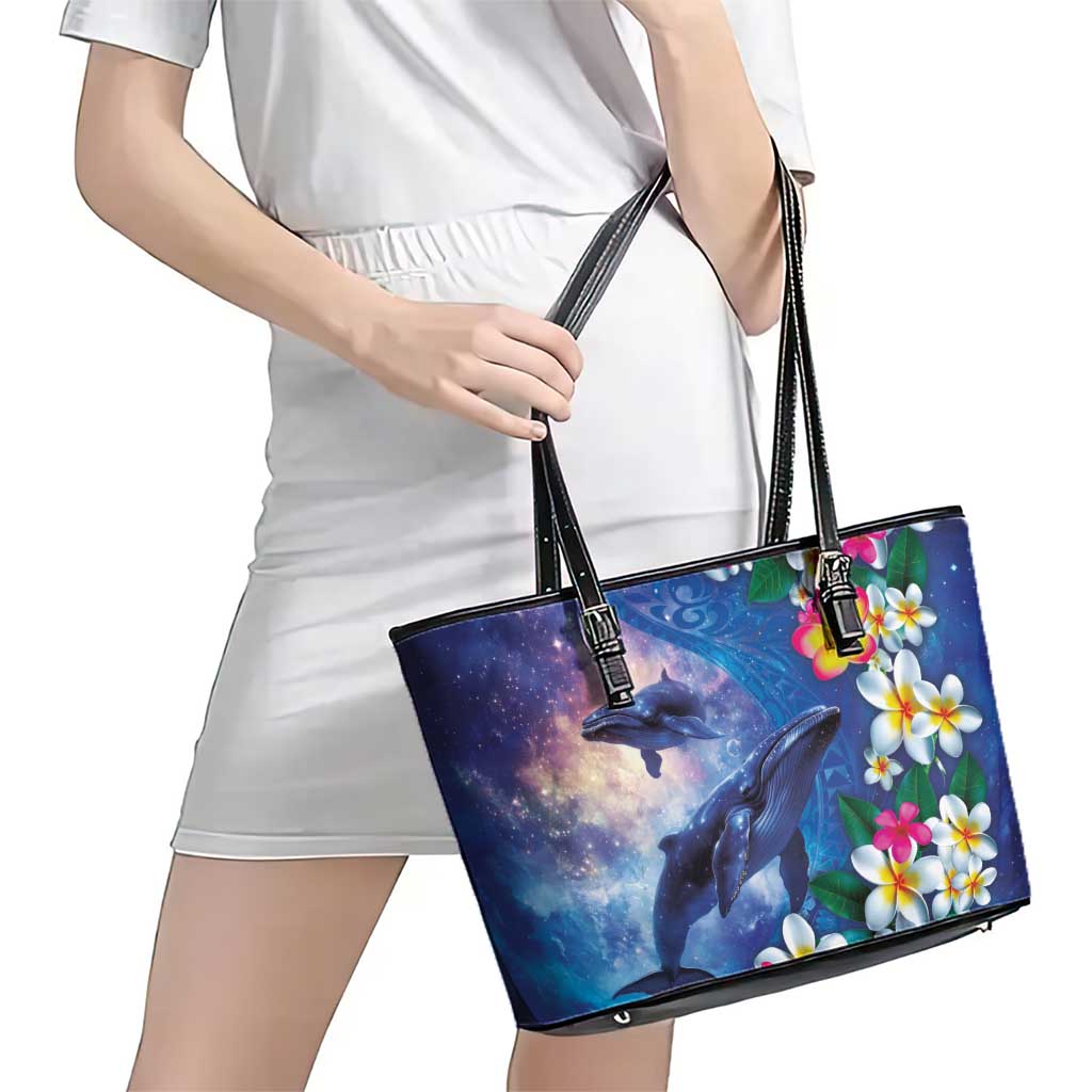 Hawaiian Lei Day Plumeria Humpback Whales Leather Tote Bag Polynesian Art Vibrant Starry Nebula Style