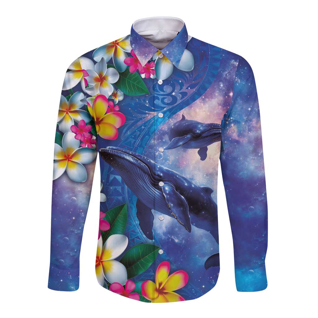 Hawaiian Lei Day Plumeria Humpback Whales Long Sleeve Button Shirt Polynesian Art Vibrant Starry Nebula Style LT03 Unisex Art - Polynesian Pride