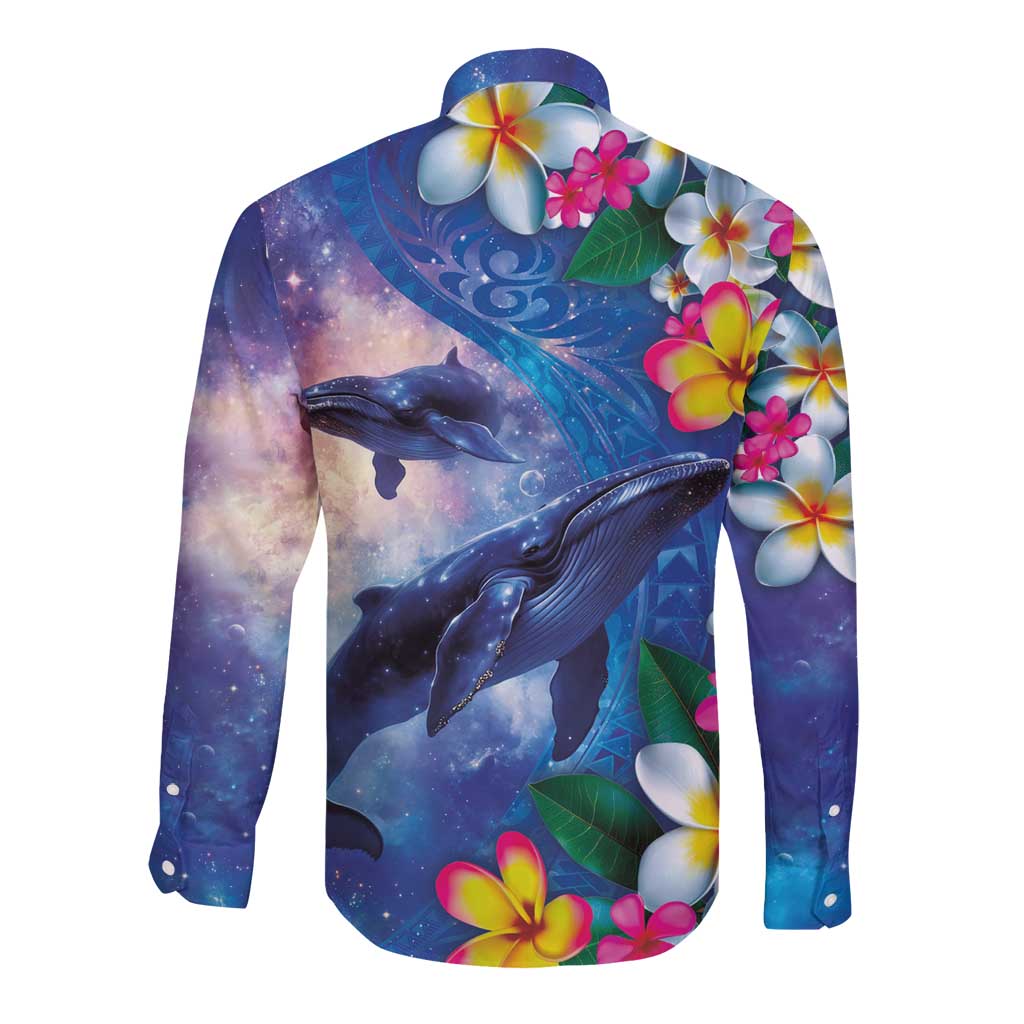Hawaiian Lei Day Plumeria Humpback Whales Long Sleeve Button Shirt Polynesian Art Vibrant Starry Nebula Style LT03 - Polynesian Pride