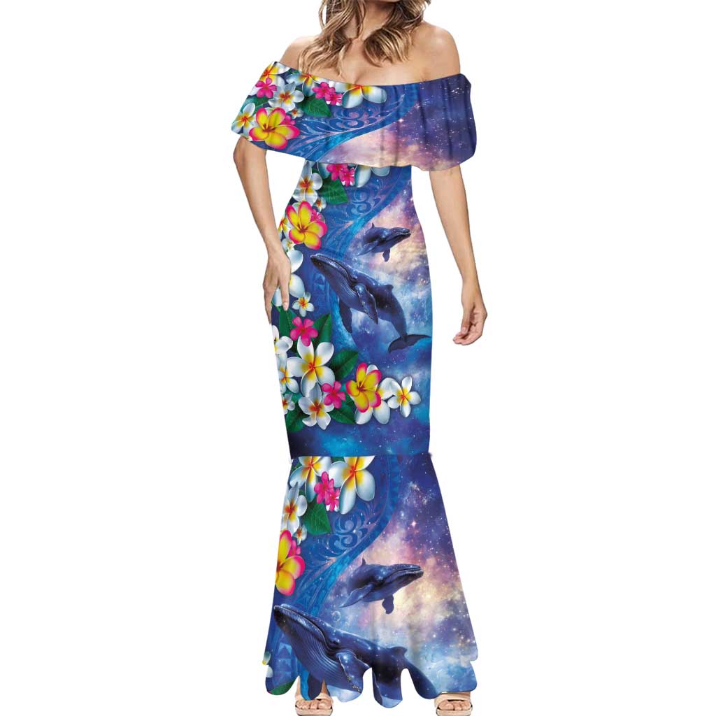 Hawaiian Lei Day Plumeria Humpback Whales Mermaid Dress Polynesian Art Vibrant Starry Nebula Style