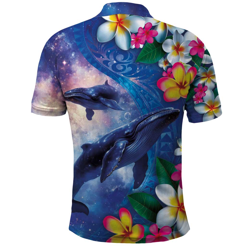 Hawaiian Lei Day Plumeria Humpback Whales Polo Shirt Polynesian Art Vibrant Starry Nebula Style