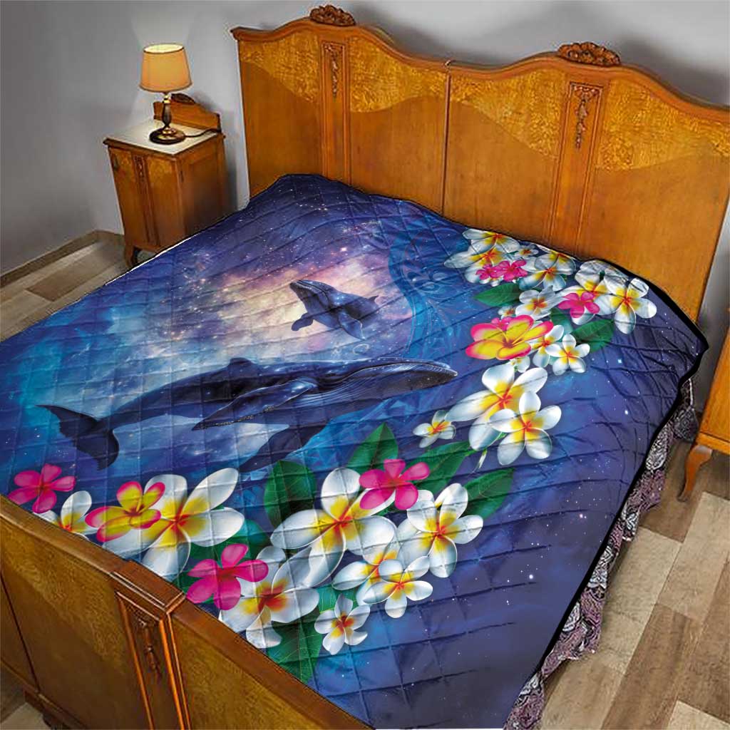 Hawaiian Lei Day Plumeria Humpback Whales Quilt Polynesian Art Vibrant Starry Nebula Style