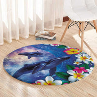 Hawaiian Lei Day Plumeria Humpback Whales Round Carpet Polynesian Art Vibrant Starry Nebula Style
