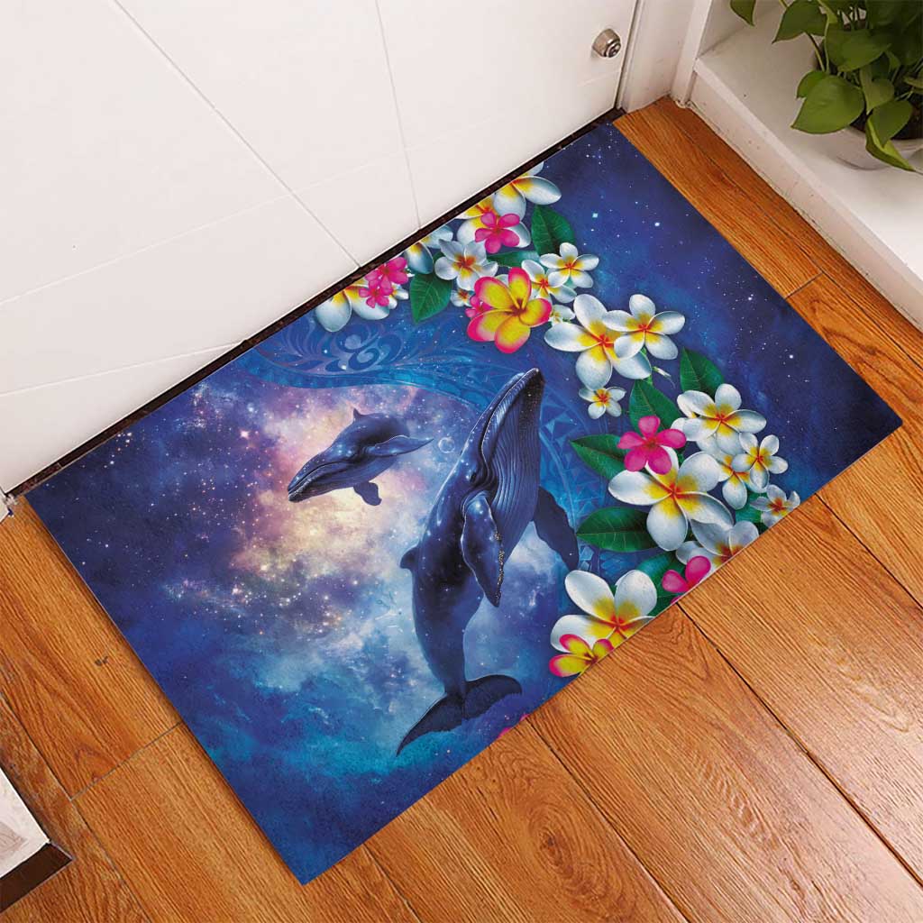 Hawaiian Lei Day Plumeria Humpback Whales Rubber Doormat Polynesian Art Vibrant Starry Nebula Style LT03 - Polynesian Pride