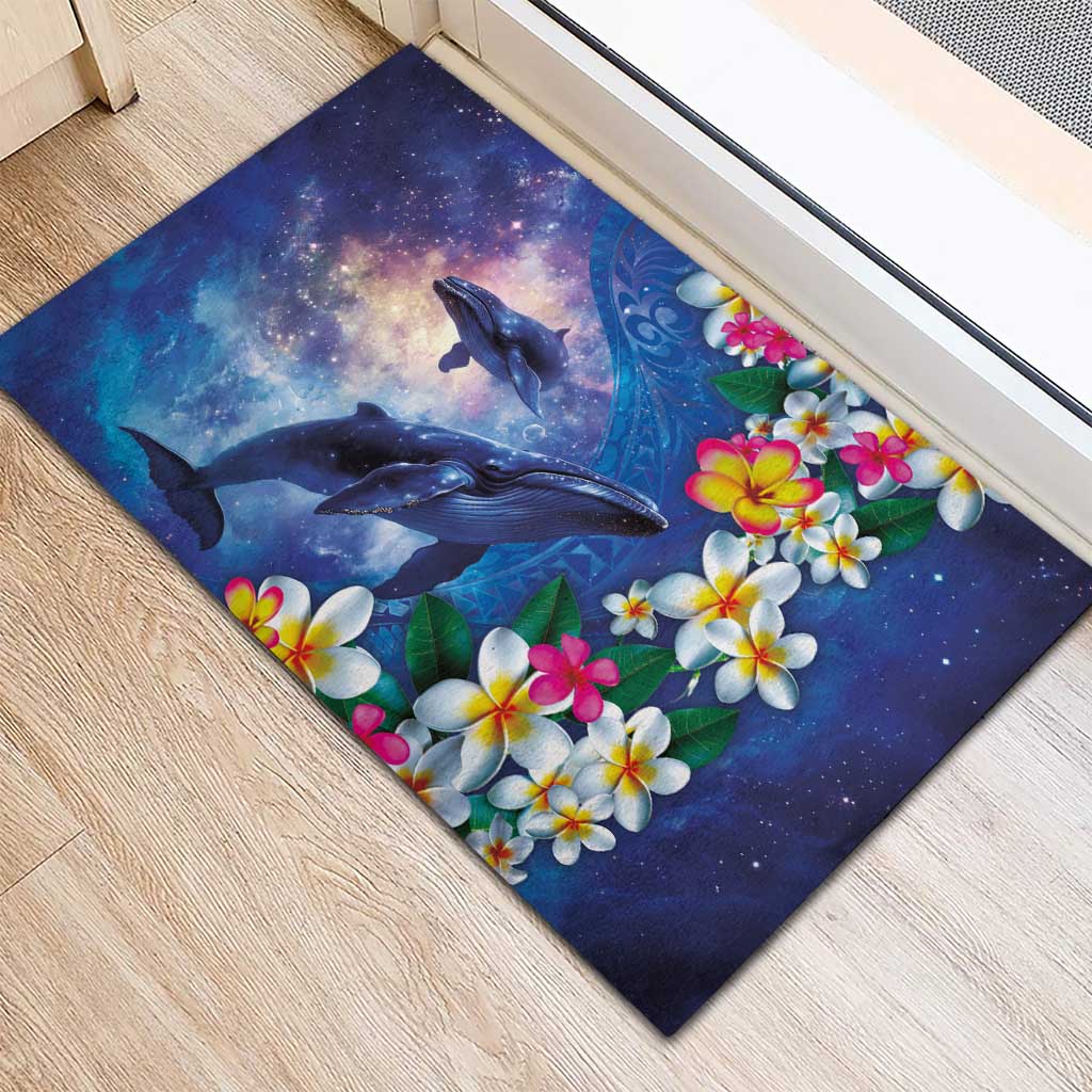 Hawaiian Lei Day Plumeria Humpback Whales Rubber Doormat Polynesian Art Vibrant Starry Nebula Style LT03 - Polynesian Pride