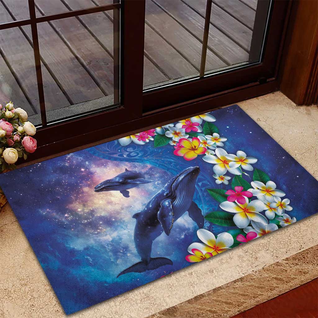 Hawaiian Lei Day Plumeria Humpback Whales Rubber Doormat Polynesian Art Vibrant Starry Nebula Style LT03 - Polynesian Pride