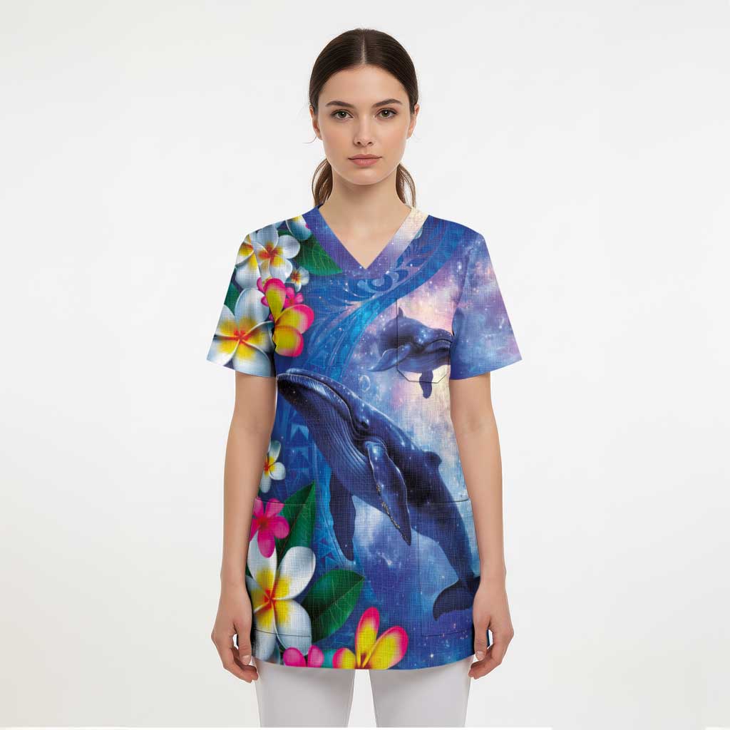 Hawaiian Lei Day Plumeria Humpback Whales Scrub Top Polynesian Art Vibrant Starry Nebula Style - Polynesian Pride