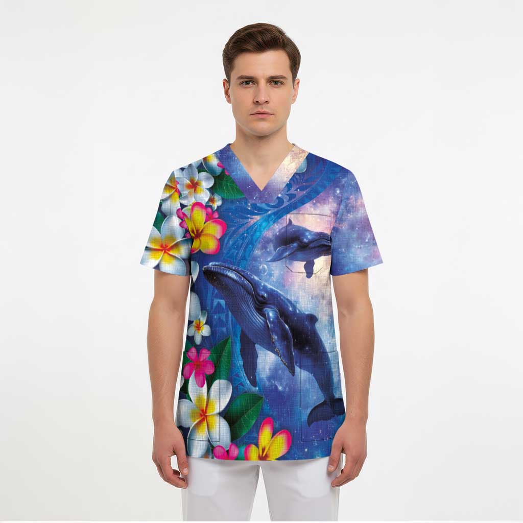 Hawaiian Lei Day Plumeria Humpback Whales Scrub Top Polynesian Art Vibrant Starry Nebula Style - Polynesian Pride