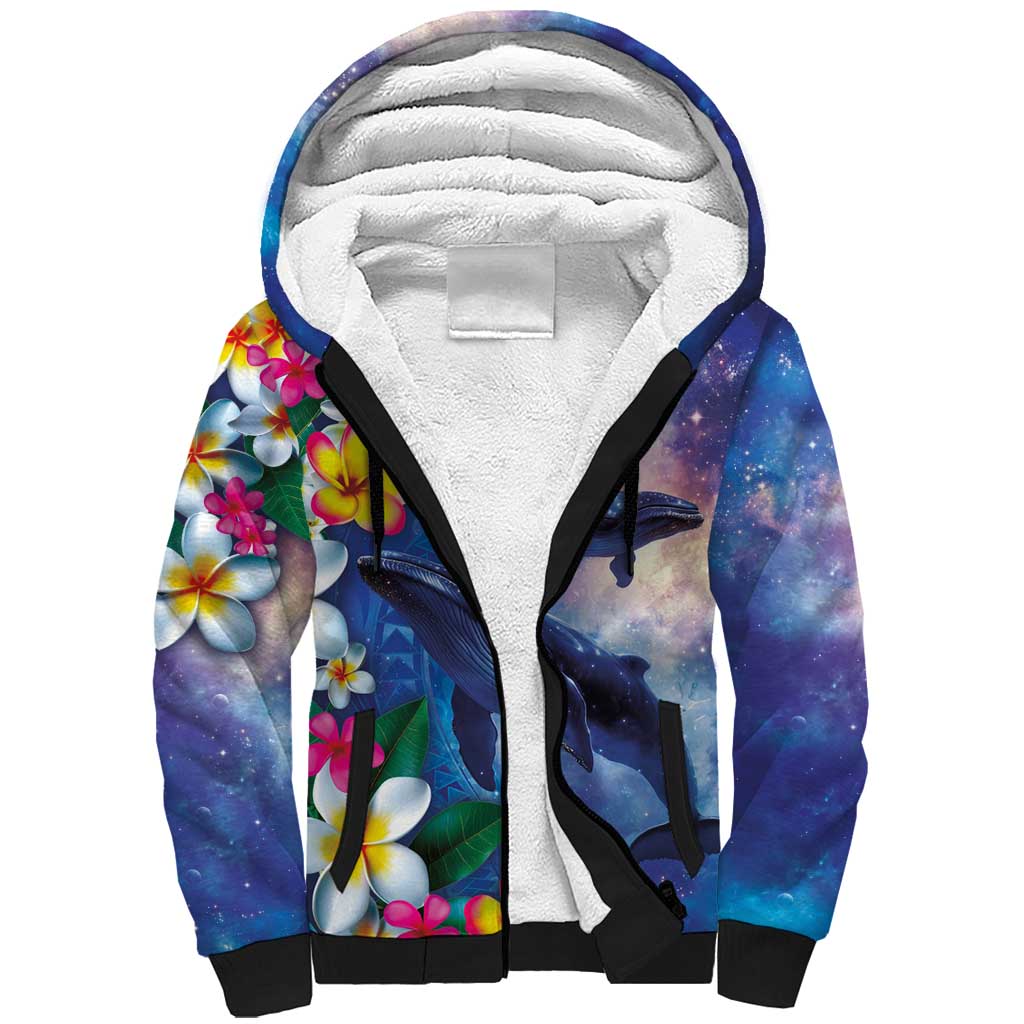 Hawaiian Lei Day Plumeria Humpback Whales Sherpa Hoodie Polynesian Art Vibrant Starry Nebula Style LT03 Unisex Art - Polynesian Pride