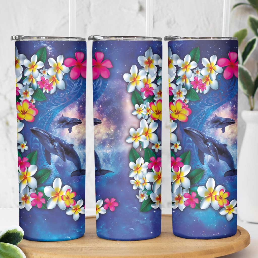 Hawaiian Lei Day Plumeria Humpback Whales Skinny Tumbler Polynesian Art Vibrant Starry Nebula Style