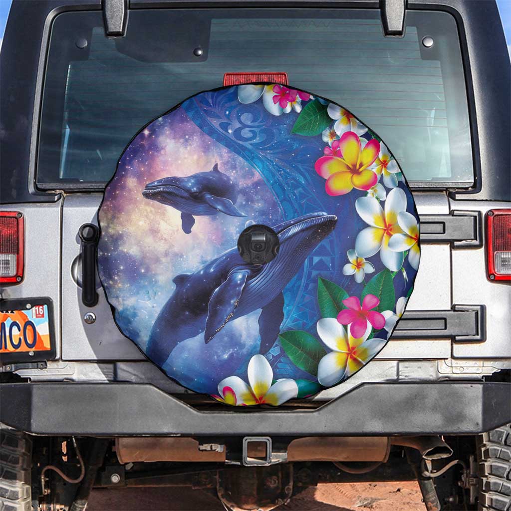 Hawaiian Lei Day Plumeria Humpback Whales Spare Tire Cover Polynesian Art Vibrant Starry Nebula Style
