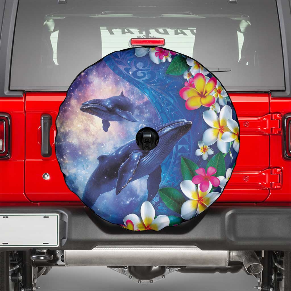Hawaiian Lei Day Plumeria Humpback Whales Spare Tire Cover Polynesian Art Vibrant Starry Nebula Style