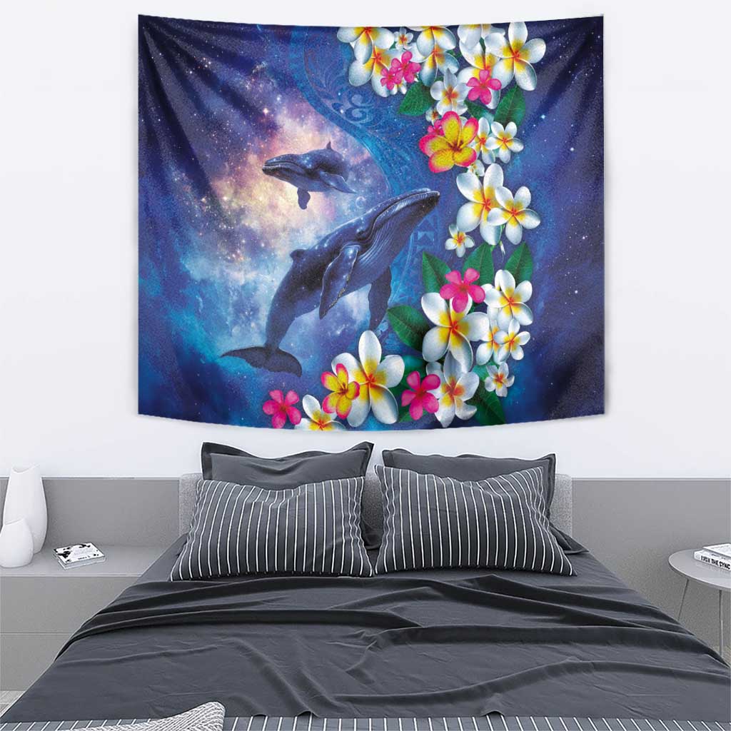 Hawaiian Lei Day Plumeria Humpback Whales Tapestry Polynesian Art Vibrant Starry Nebula Style