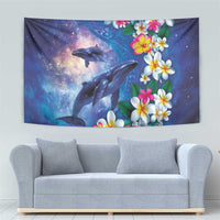 Hawaiian Lei Day Plumeria Humpback Whales Tapestry Polynesian Art Vibrant Starry Nebula Style