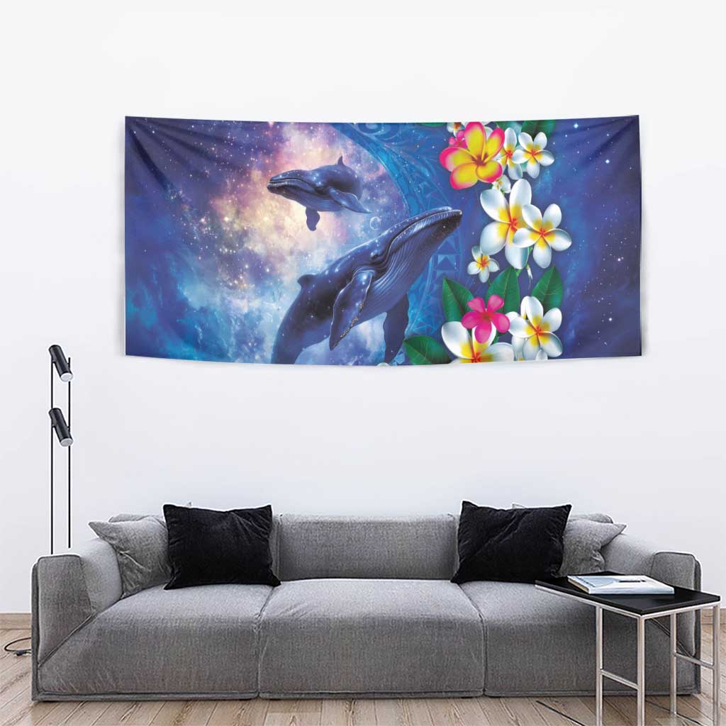 Hawaiian Lei Day Plumeria Humpback Whales Tapestry Polynesian Art Vibrant Starry Nebula Style