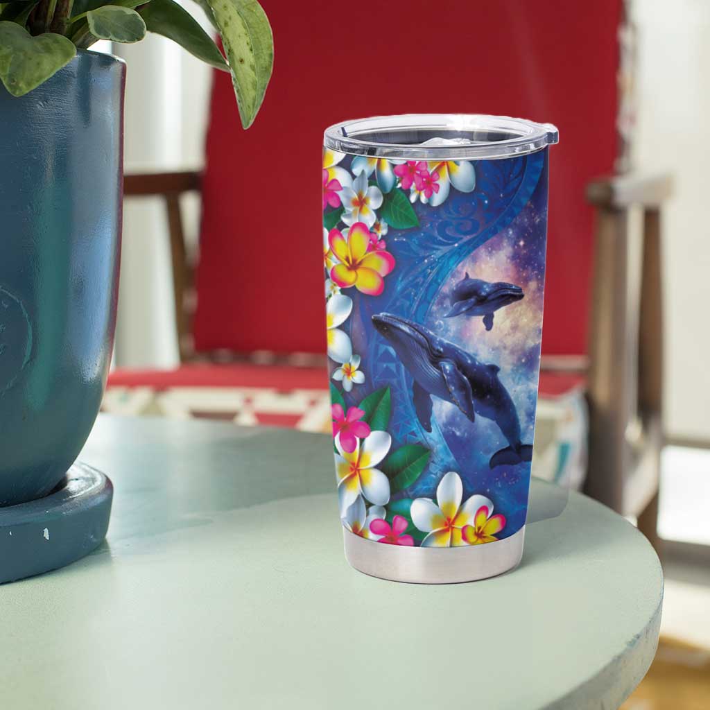 Hawaiian Lei Day Plumeria Humpback Whales Tumbler Cup Polynesian Art Vibrant Starry Nebula Style