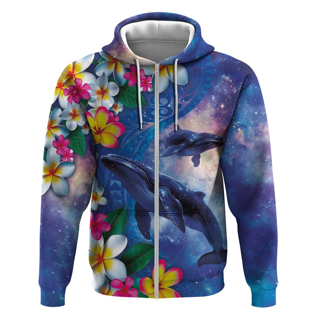 Hawaiian Lei Day Plumeria Humpback Whales Zip Hoodie Polynesian Art Vibrant Starry Nebula Style