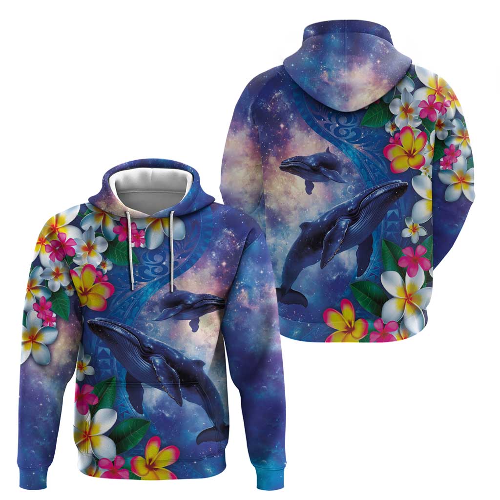 Hawaiian Lei Day Plumeria Humpback Whales Zip Hoodie Polynesian Art Vibrant Starry Nebula Style