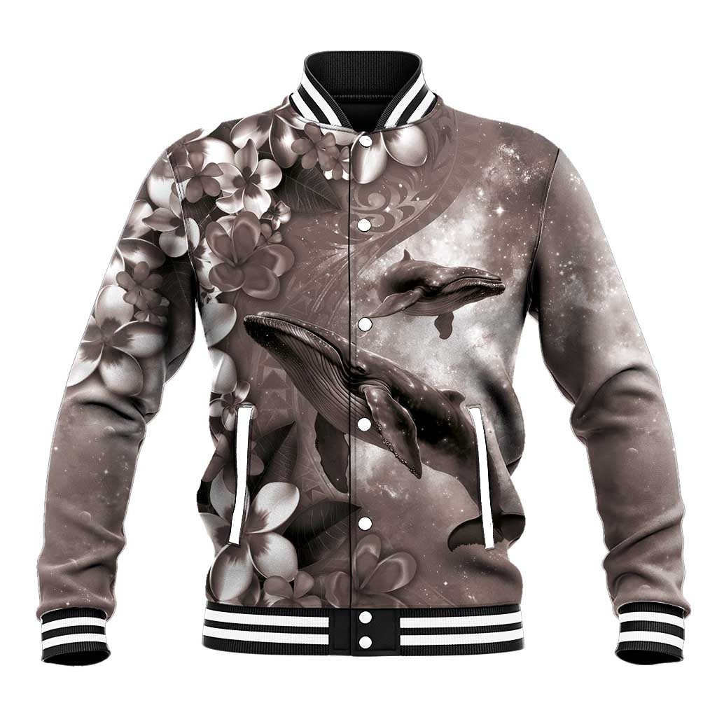 Hawaiian Lei Day Plumeria Humpback Whales Baseball Jacket Polynesian Art Vibrant Starry Nebula Grayscale Style LT03 Unisex Art - Polynesian Pride