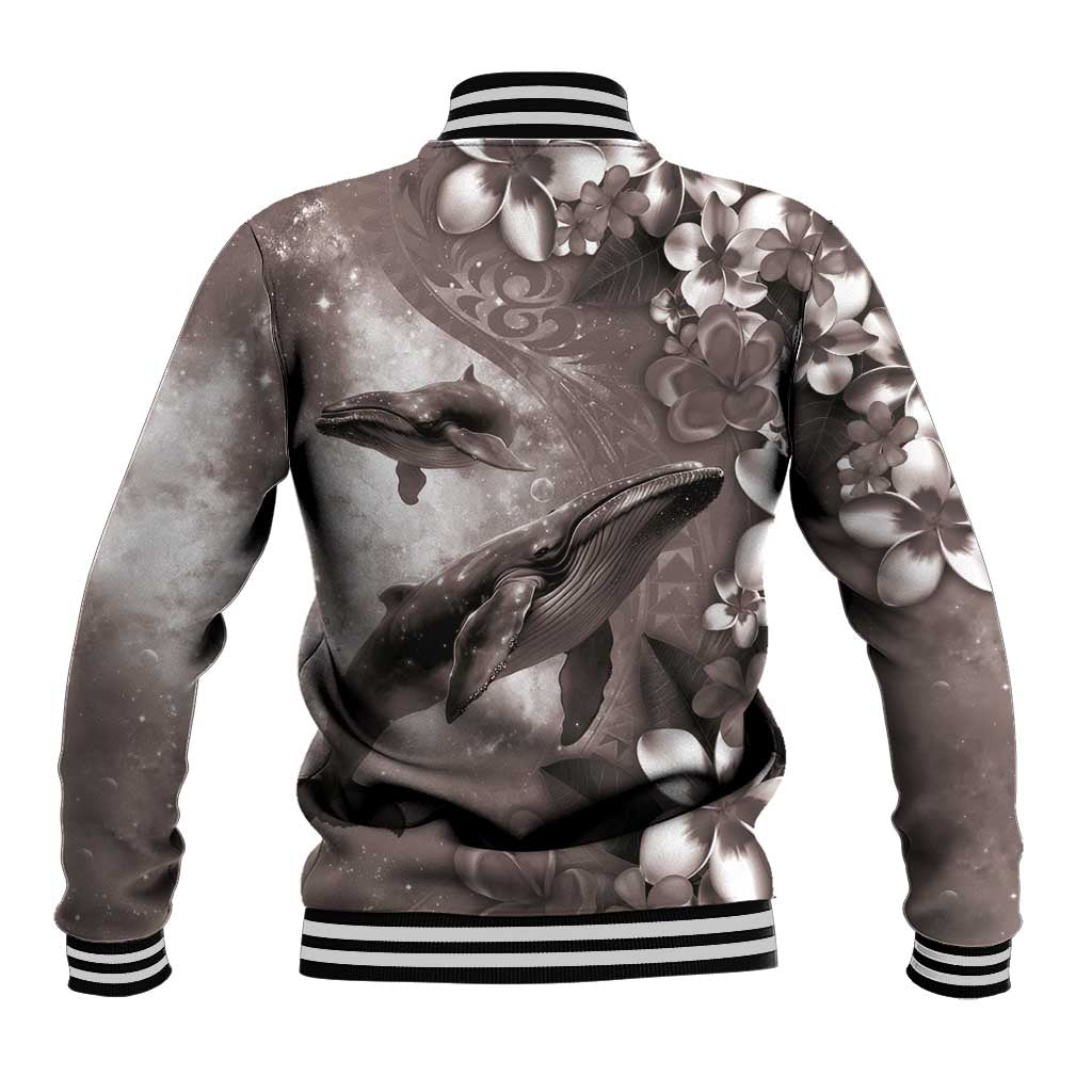 Hawaiian Lei Day Plumeria Humpback Whales Baseball Jacket Polynesian Art Vibrant Starry Nebula Grayscale Style LT03 - Polynesian Pride