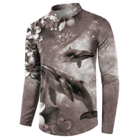 Hawaiian Lei Day Plumeria Humpback Whales Button Sweatshirt Polynesian Art Vibrant Starry Nebula Grayscale Style LT03 - Polynesian Pride