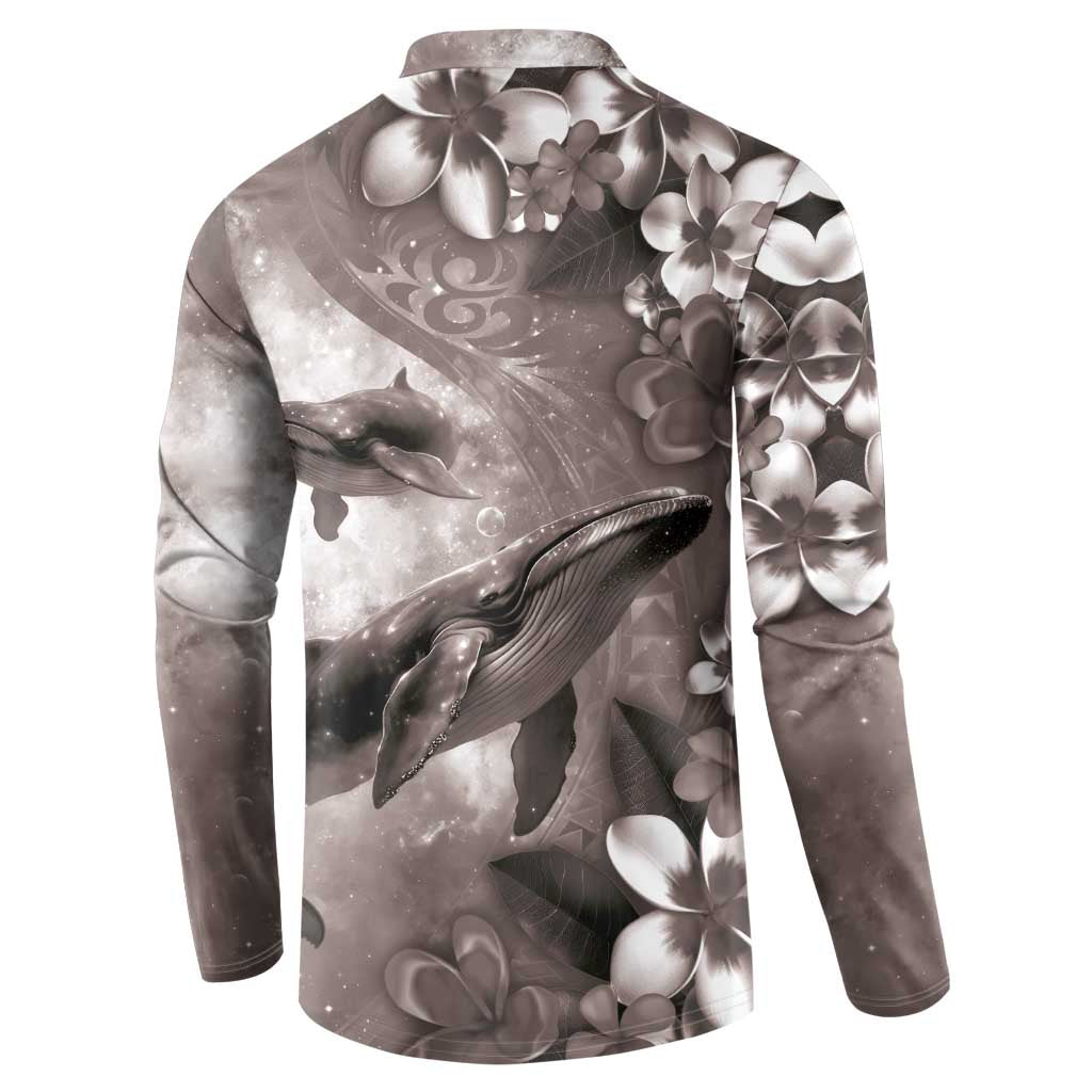 Hawaiian Lei Day Plumeria Humpback Whales Button Sweatshirt Polynesian Art Vibrant Starry Nebula Grayscale Style LT03 - Polynesian Pride