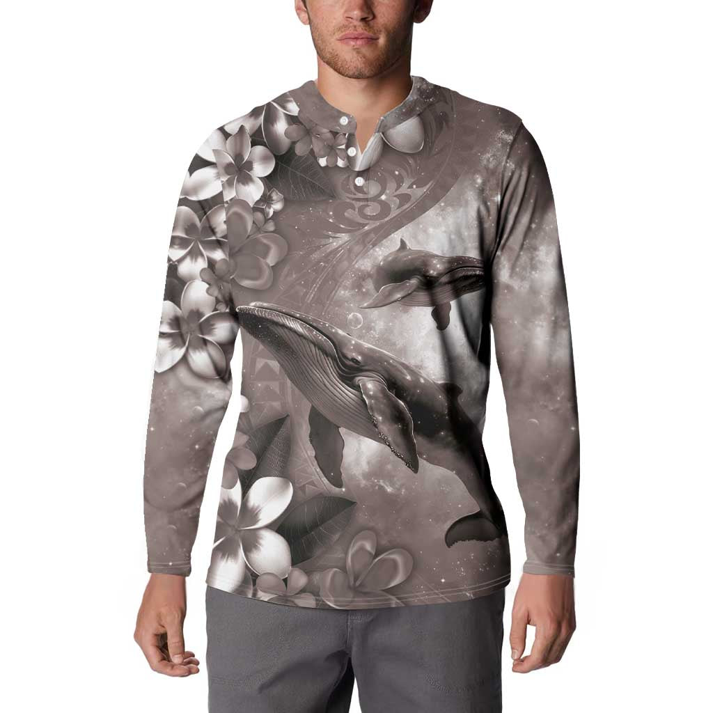 Hawaiian Lei Day Plumeria Humpback Whales Button Sweatshirt Polynesian Art Vibrant Starry Nebula Grayscale Style LT03 - Polynesian Pride