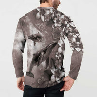 Hawaiian Lei Day Plumeria Humpback Whales Button Sweatshirt Polynesian Art Vibrant Starry Nebula Grayscale Style LT03 - Polynesian Pride